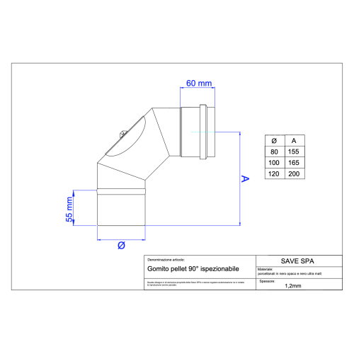 Koleno kouřovod peletová kamna průměr 100/90° černý s čistícím otvorem matný smalt