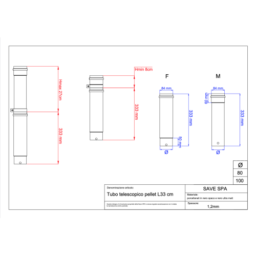 kouřovod trubka pro peletová kamna pr. 80 teleskopická 330-600 mm