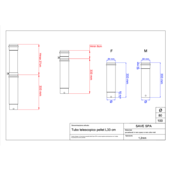 kouřovod trubka pro peletová kamna pr. 80 teleskopická 330-600 mm