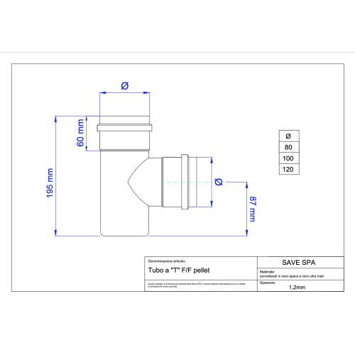 Kouřovod T kus F/M  na peletová kamna pr. 80 mm smalt černý matný